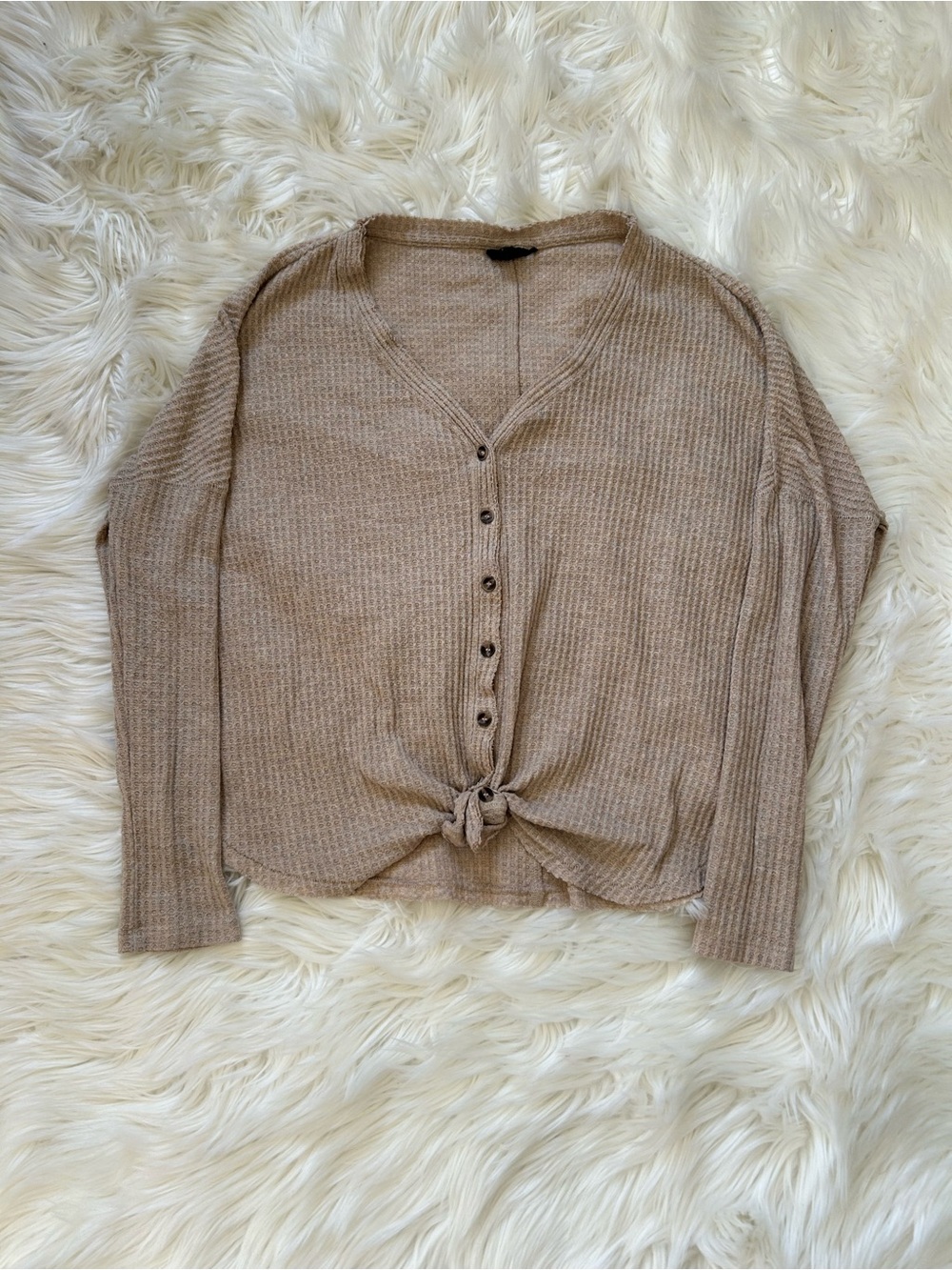 Urban Outfitters Beige Knot-Front Ribbed Long Sleeve Top